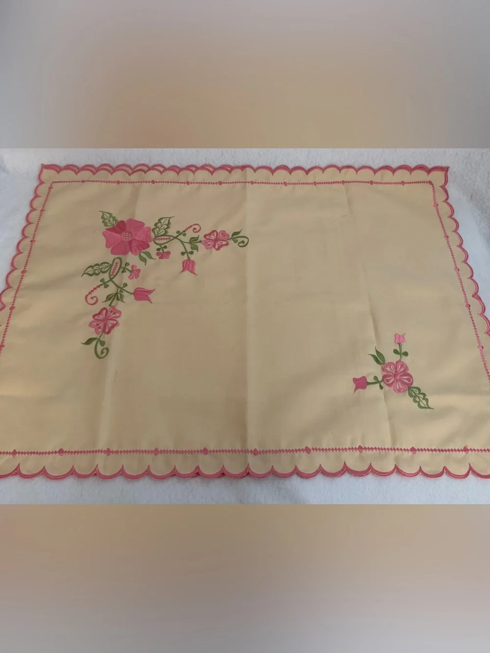 Ivory Pink & Green Floral Embroidered Pillowcase, Scalloped Edge, 33x 23 VTG